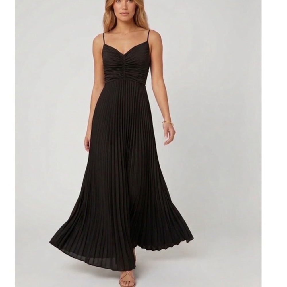 Petal & Pup Black Naira Ruched V-Neck Accordion Pleated Maxi Gown Dress US 8